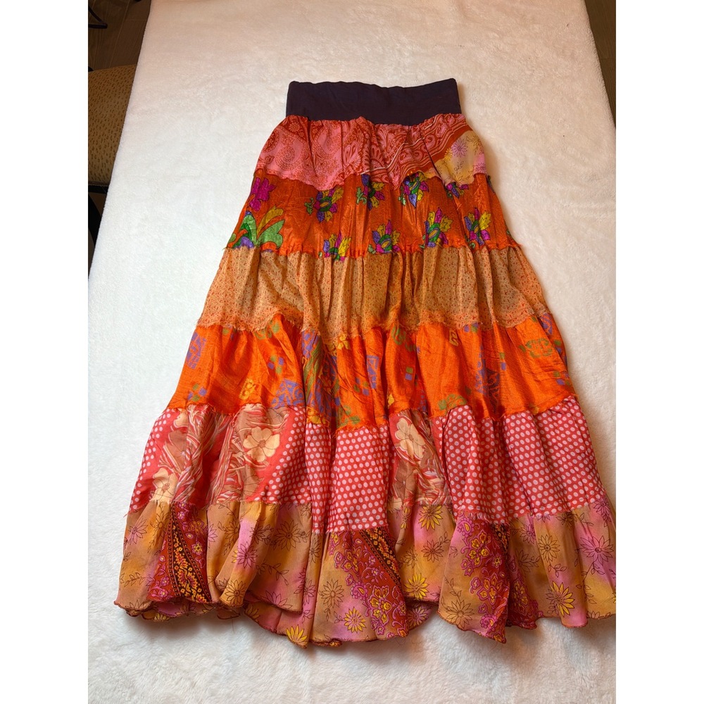 Paradise Patchwork Tiered Maxi Skirt Boho Floral Paisley Orange Purple ML